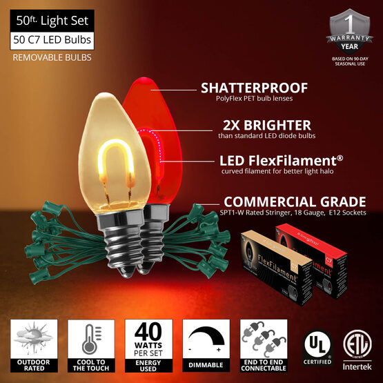 FlexFilament C7 Commercial Shatterproof Vintage LED String Lights, Red / Warm White, 50 Lights, 50'