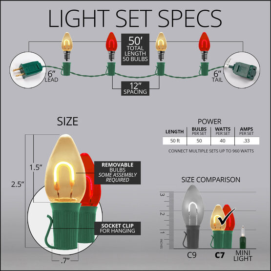 FlexFilament C7 Commercial Shatterproof Vintage LED String Lights, Red / Warm White, 50 Lights, 50'