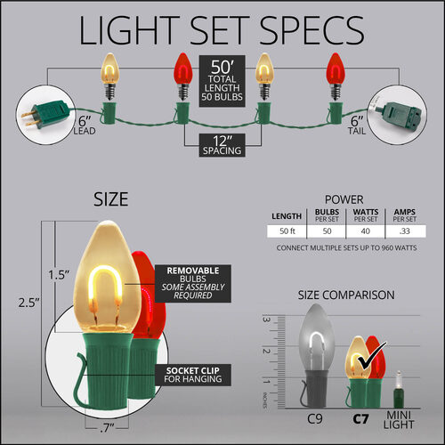 FlexFilament C7 Commercial Shatterproof Vintage LED String Lights, Red / Warm White, 50 Lights, 50'