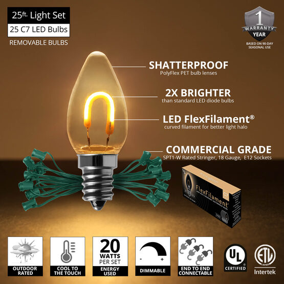 FlexFilament C7 Commercial Shatterproof Vintage LED String Lights, Warm White, 25 Lights, 25'