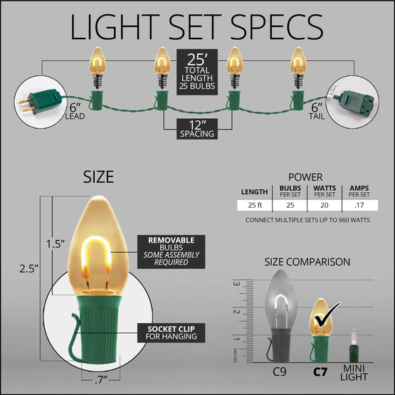 FlexFilament C7 Commercial Shatterproof Vintage LED String Lights, Warm White, 25 Lights, 25'