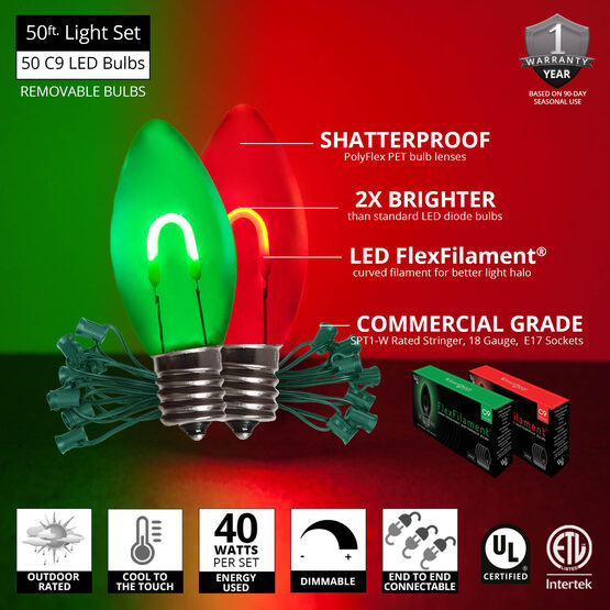 FlexFilament C9 Commercial Shatterproof Vintage LED String Lights, Green / Red, 50 Lights, 50'