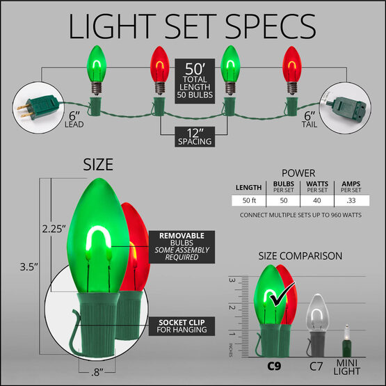 FlexFilament C9 Commercial Shatterproof Vintage LED String Lights, Green / Red, 50 Lights, 50'