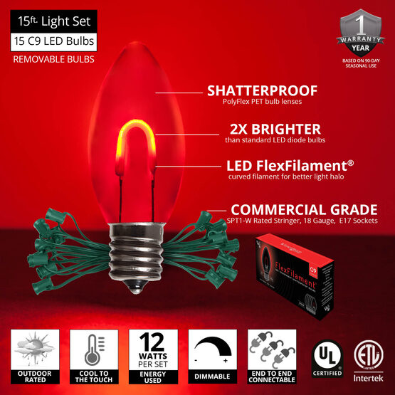 FlexFilament C9 Commercial Shatterproof Vintage LED String Lights, Red, 15 Lights, 15'