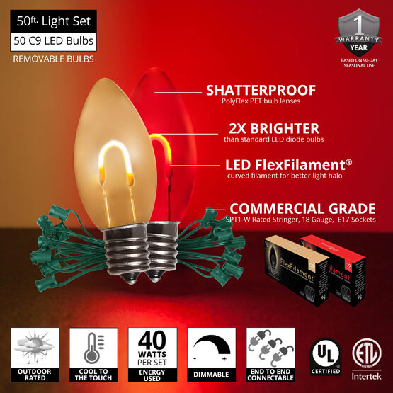FlexFilament C9 Commercial Shatterproof Vintage LED String Lights, Red / Warm White, 50 Lights, 50'