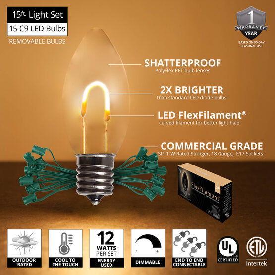 FlexFilament C9 Commercial Shatterproof Vintage LED String Lights, Warm White, 15 Lights, 15'