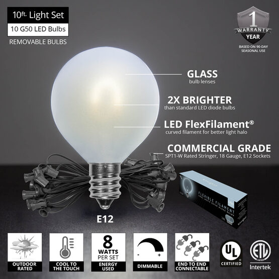10' Patio String Light Set, 10 Cool White G50 FlexFilament TM LED Satin Glass Bulbs, Black Wire