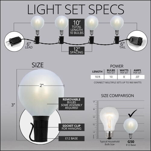 10' Patio String Light Set, 10 Cool White G50 FlexFilament TM LED Satin Glass Bulbs, Black Wire