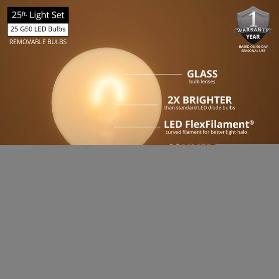 25' Globe String Light Set, 25 Warm White G50 FlexFilament TM Satin Glass LED Bulbs