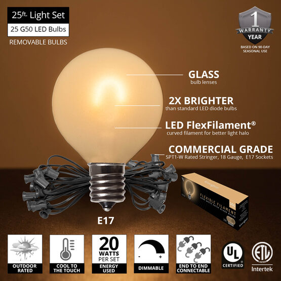 25' Globe String Light Set, 25 Warm White G50 FlexFilament TM Satin Glass LED Bulbs