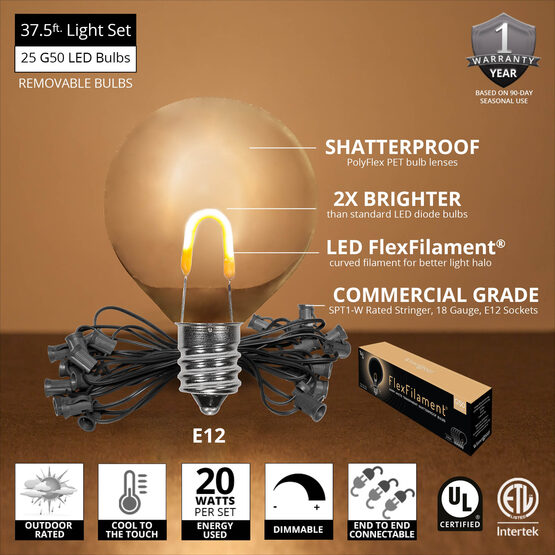 37' Patio String Light Set, 25 Warm White G50 FlexFilament TM LED Shatterproof Bulbs, Black Wire