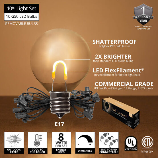 10' Patio String Light Set, 10 Warm White G50 FlexFilament TM LED Shatterproof Bulbs, Black Wire