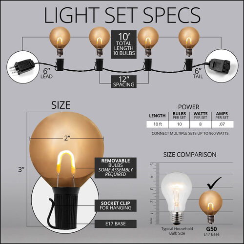 10' Patio String Light Set, 10 Warm White G50 FlexFilament TM LED Shatterproof Bulbs, Black Wire