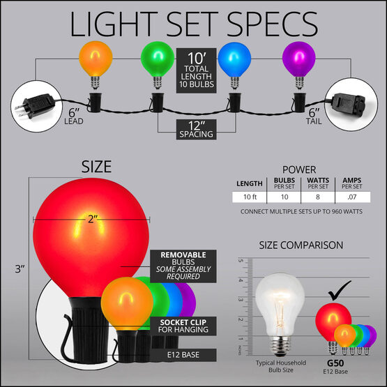 10' Patio String Light Set, 10 Multicolor G50 FlexFilament LED Satin Glass Bulbs, Black Wire