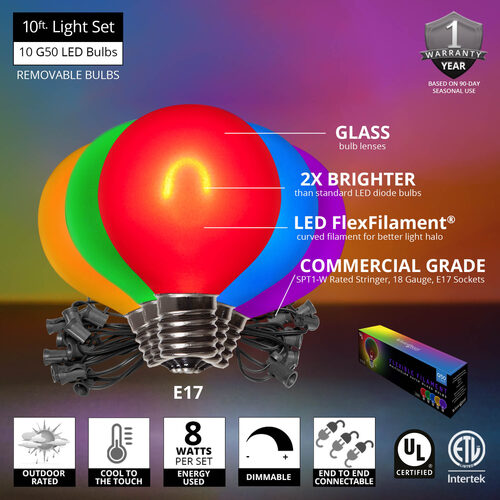 10' Patio String Light Set, 10 Multicolor G50 FlexFilament TM LED Satin Glass Bulbs, Black Wire