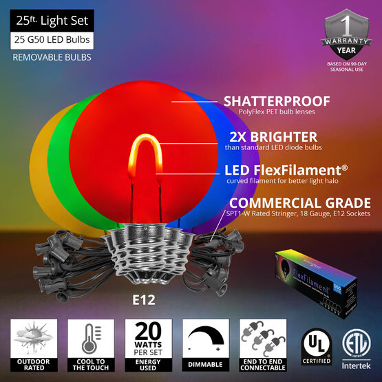 25' Patio String Light Set, 25 Multicolor G50 FlexFilament LED Shatterproof Bulbs, Black Wire