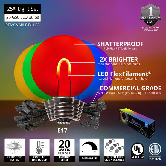 25' Patio String Light Set, 25 Multicolor G50 FlexFilament TM LED Shatterproof Bulbs, Black Wire