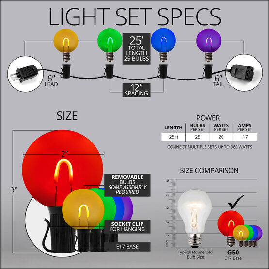 25' Patio String Light Set, 25 Multicolor G50 FlexFilament TM LED Shatterproof Bulbs, Black Wire
