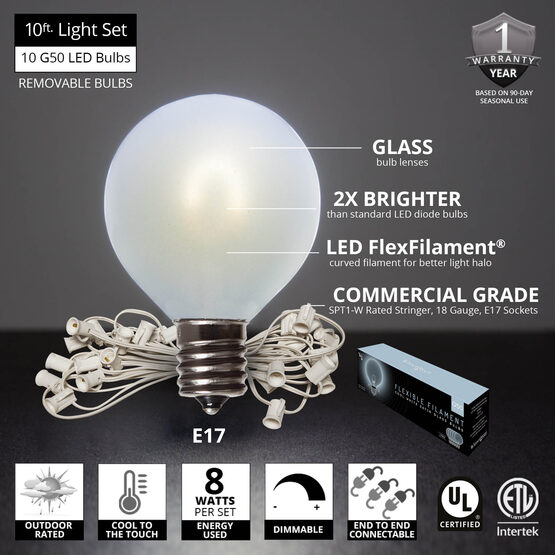 10' Patio String Light Set, 10 Cool White G50 FlexFilament LED Satin Glass Bulbs, White Wire