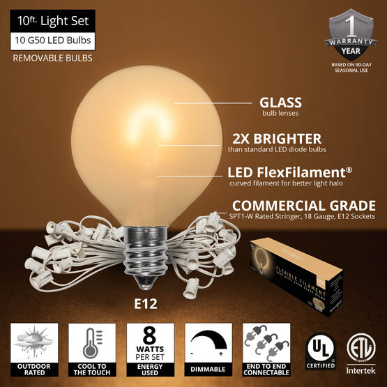 10' Patio String Light Set, 10 Warm White G50 FlexFilament LED Satin Glass Bulbs, White Wire