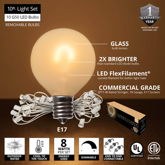 10' Patio String Light Set, 10 Warm White G50 FlexFilament TM LED Satin Glass Bulbs, White Wire