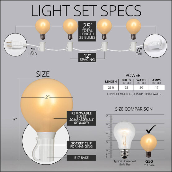 25' Globe String Light Set, 25 Warm White G50 FlexFilament Satin Glass LED Bulbs