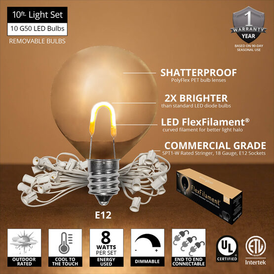 10' Patio String Light Set, 10 Warm White G50 FlexFilament TM LED Shatterproof Bulbs, White Wire