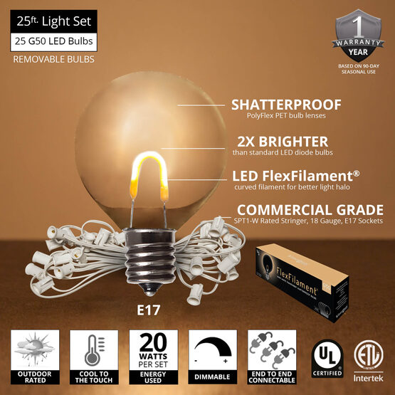 25' Patio String Light Set, 25 Warm White G50 FlexFilament TM LED Shatterproof Bulbs, White Wire