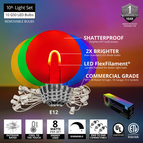 10' Patio String Light Set, 10 Multicolor G50 FlexFilament TM LED Shatterproof Bulbs, White Wire
