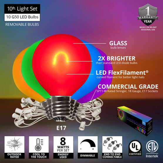 10' Patio String Light Set, 10 Multicolor G50 FlexFilament TM LED Satin Glass Bulbs, White Wire