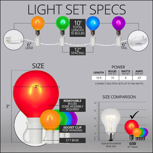 10' Patio String Light Set, 10 Multicolor G50 FlexFilament TM LED Satin Glass Bulbs, White Wire