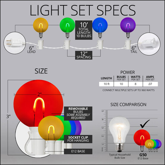 10' Patio String Light Set, 10 Multicolor G50 FlexFilament LED Shatterproof Bulbs, White Wire
