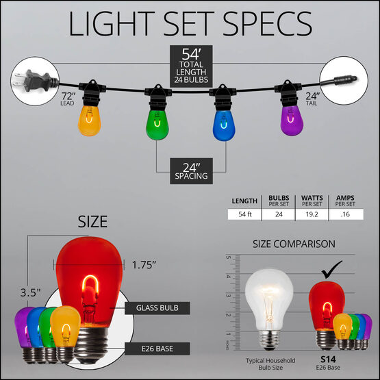 30' Commercial Patio String Light Set, 10 Multicolor S14 FlexFilament TM LED Glass Bulbs, Black Wire