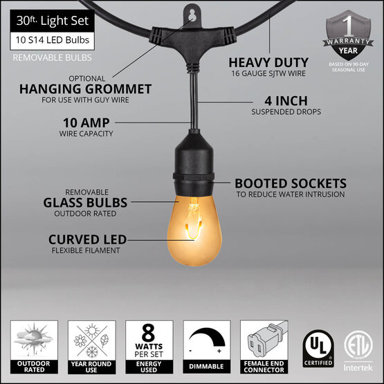 30' Commercial Patio String Light Set, 10 Warm White S14 FlexFilament LED Glass Bulbs, Suspended, Black Wire