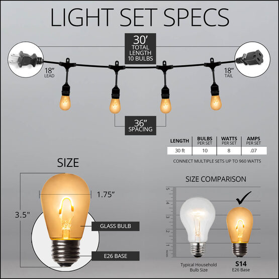 30' Commercial Patio String Light Set, 10 Warm White S14 FlexFilament TM LED Glass Bulbs, Suspended, Black Wire