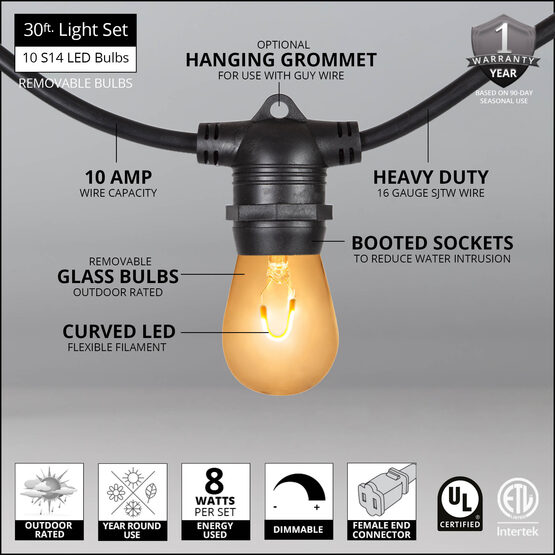 30' Commercial Patio String Light Set, 10 Warm White S14 FlexFilament LED Glass Bulbs, Black Wire