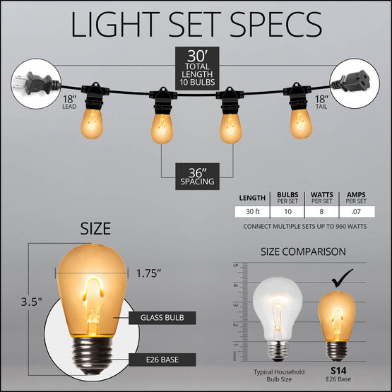30' Commercial Patio String Light Set, 10 Warm White S14 FlexFilament TM LED Glass Bulbs, Black Wire