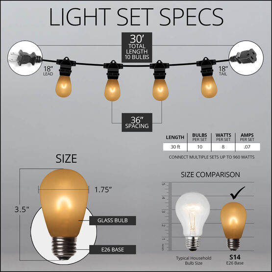 30' Commercial Patio String Light Set, 10 Warm White S14 FlexFilament LED Satin Glass Bulbs, Black Wire