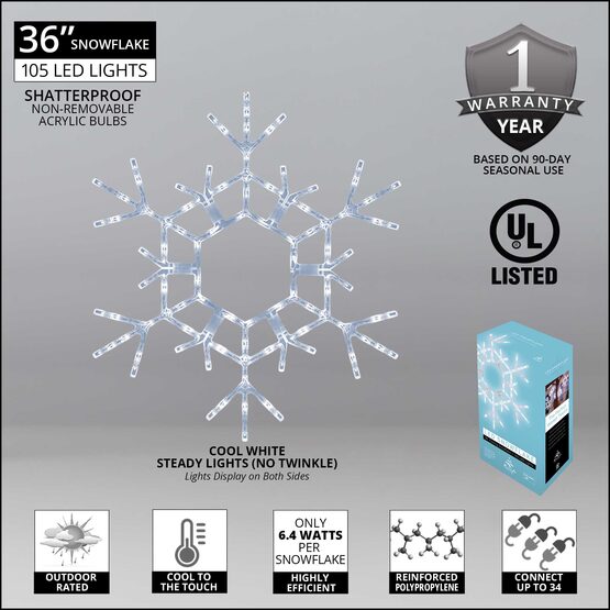 36" LED Folding Snowflake, Cool White Lights 