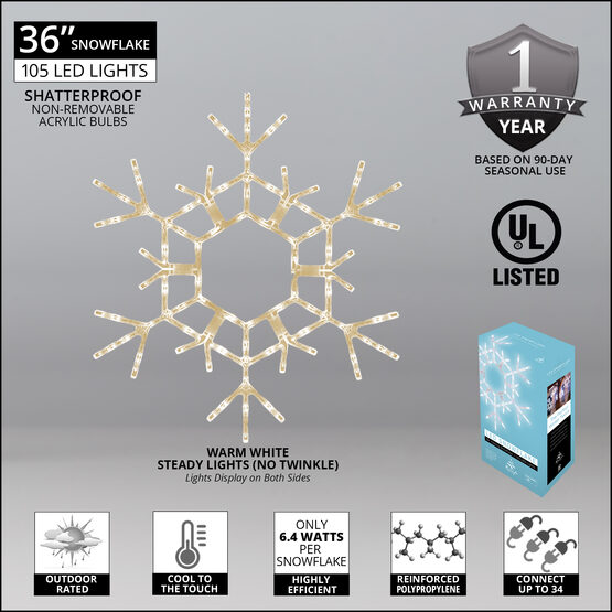 36" LED Folding Snowflake, Warm White Lights 