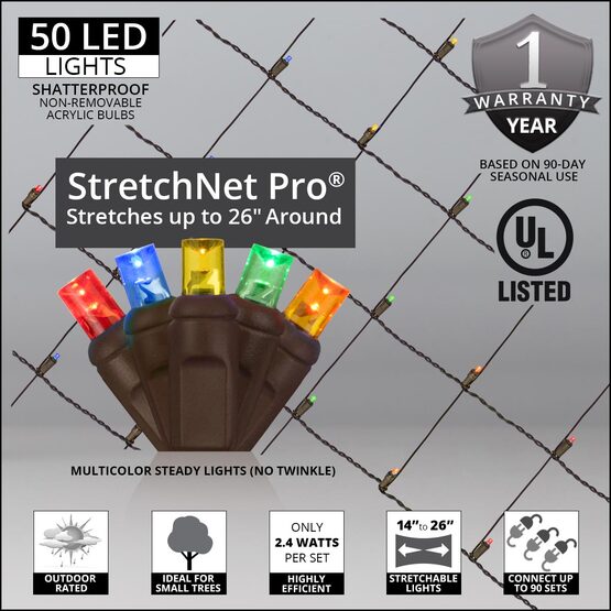 LED StretchNet Pro Trunk Wrap Lights, 14" x 31", Multicolor, Brown Wire