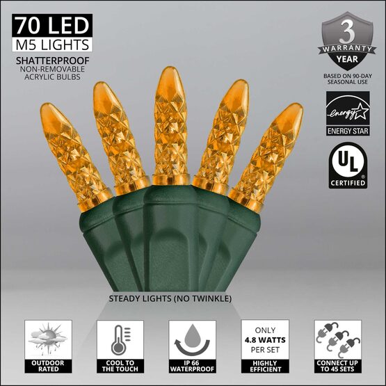 24' LED Mini String Lights, Amber, Green Wire