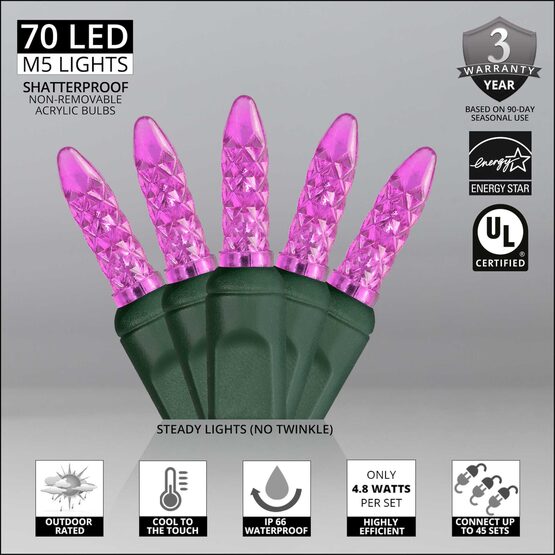 24' LED Mini String Lights, Pink, Green Wire