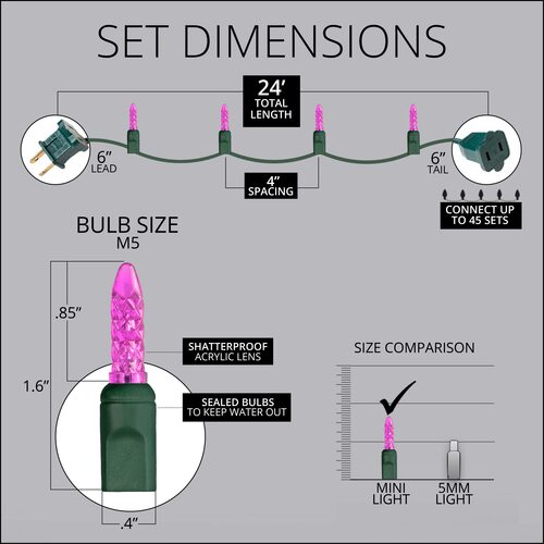 24' LED Mini String Lights, Pink, Green Wire