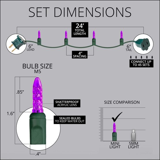 24' LED Mini String Lights, Purple, Green Wire