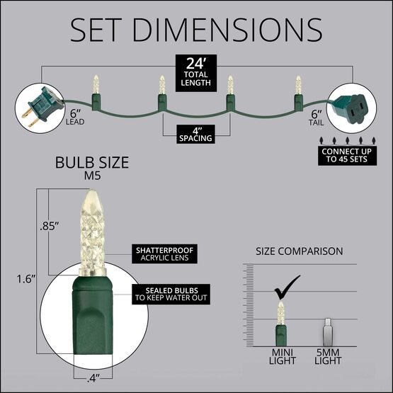 24' LED Mini String Lights, Warm White, Green Wire
