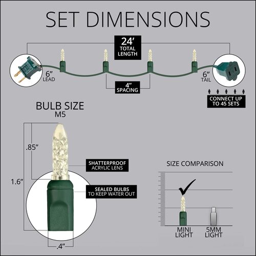 24' LED Mini String Lights, Warm White, Green Wire