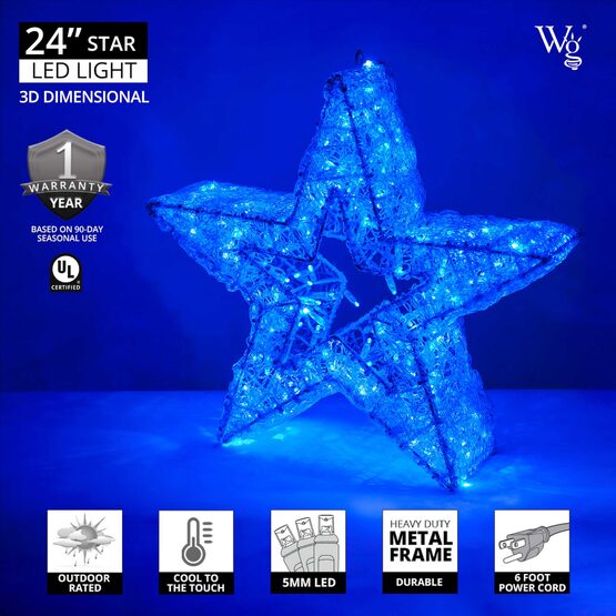 24" Wintergreen Lighting LED Five Point Dimensional Star, Blue Lights