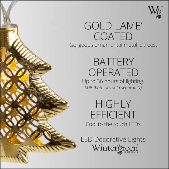 Wintergreen Lighting&reg Battery Operated LED Golden Metal Christmas Tree String Lights, 10 Lights