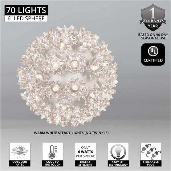 6" Light Sphere, 70 Warm White 5mm LED Lights